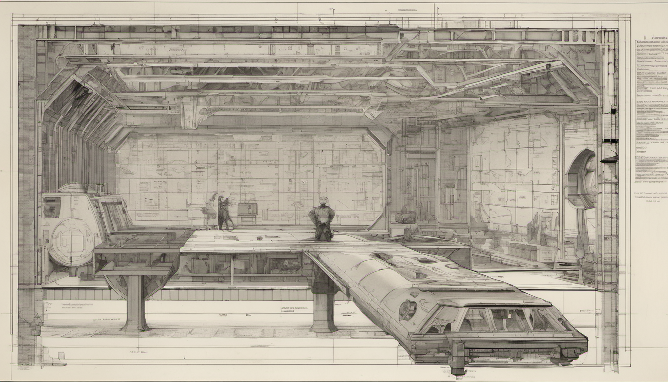 Architectural cross-section of a single integrated structure combining four functional zones around a central command console, one figure surveying all four zones at once