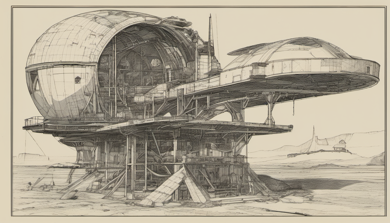 Architectural cross-section of an elevated drafting platform overlooking a landscape of existing structures and an empty foundation pad, one figure at the table planning the next build