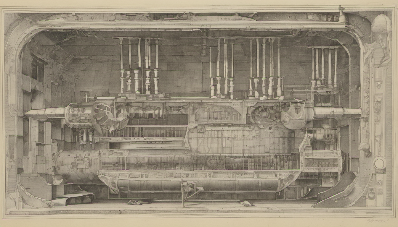 Architectural cross-section of a self-contained machinery block with no external supply lines — compute, forge, and gauge stations running on nothing, a frozen zero abacus on the wall