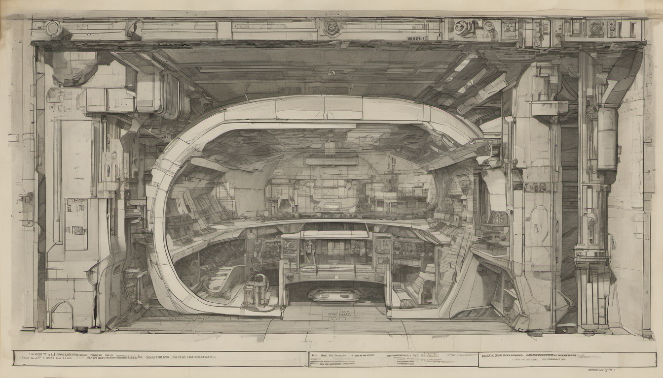 Architectural cross-section of a three-tier building — underground vault with sealed blast doors, lone monitoring bridge, and four alarm klaxons routed to separate channels