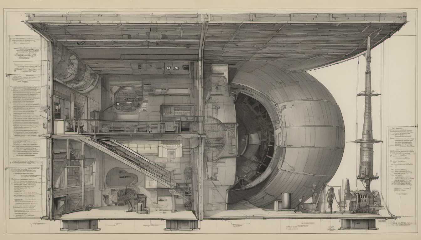 Architectural cross-section of a hillside command bunker with power plant, operations gallery, and signal room with antenna masts
