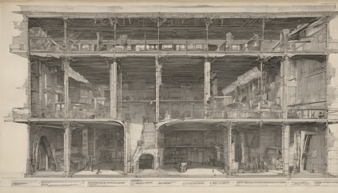 Architectural cross-section of an organisational complex mid-refit — five disconnected old rooms on the left, four open interconnected new halls on the right, a three-person command post spanning the seam