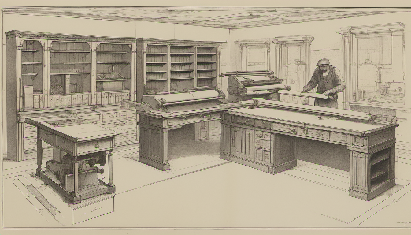 Architectural cross-section of two workstations side by side, a wide ruled writing table with precarious paper stacks on the left and a compact three-drawer cabinet handling the same volume on the right