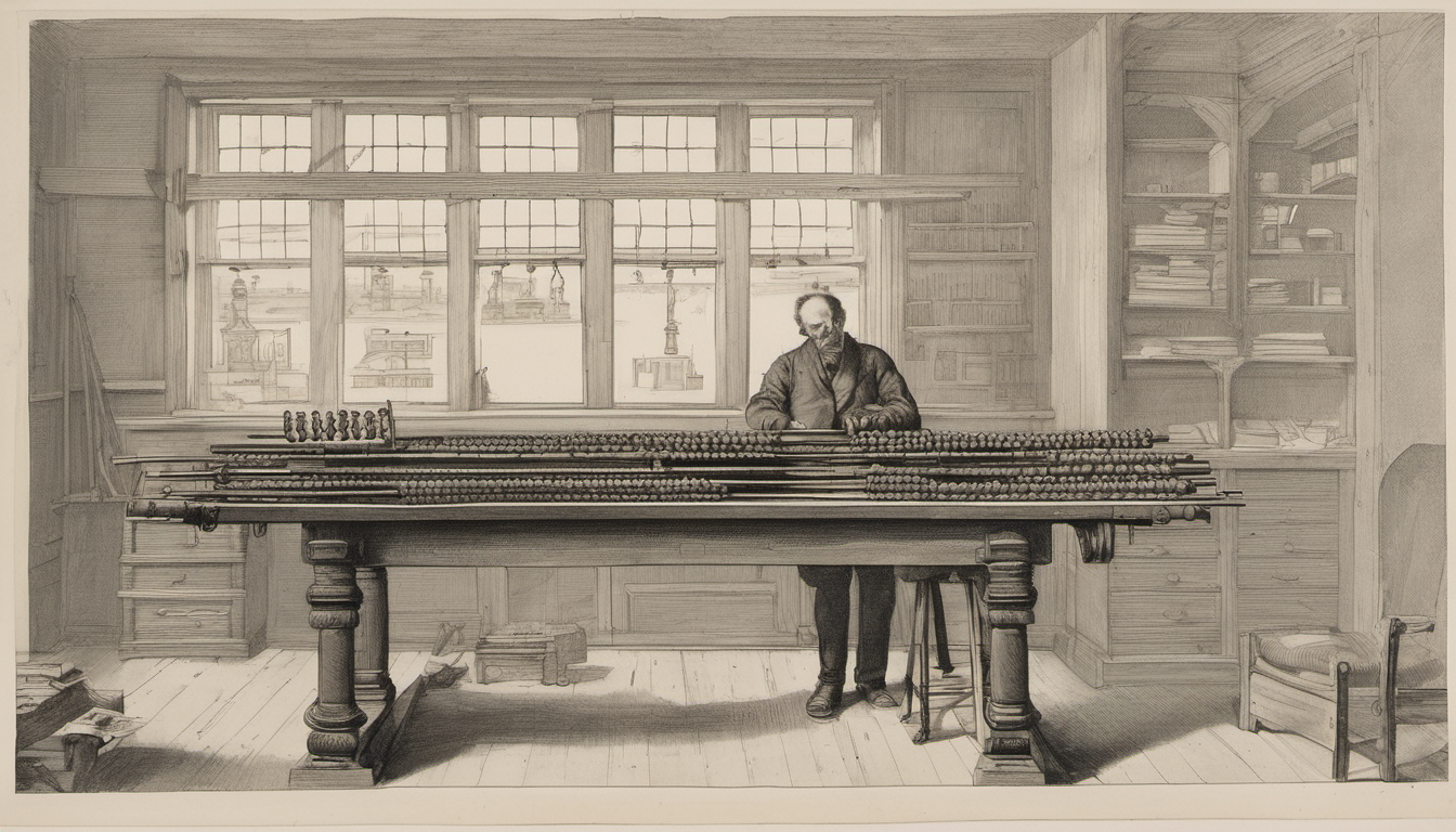Architectural cross-section of an accountant desk with a handmade wooden abacus mid-calculation at centre, open ledger to the left, receipts weighted to the right, one figure leaning forward counting