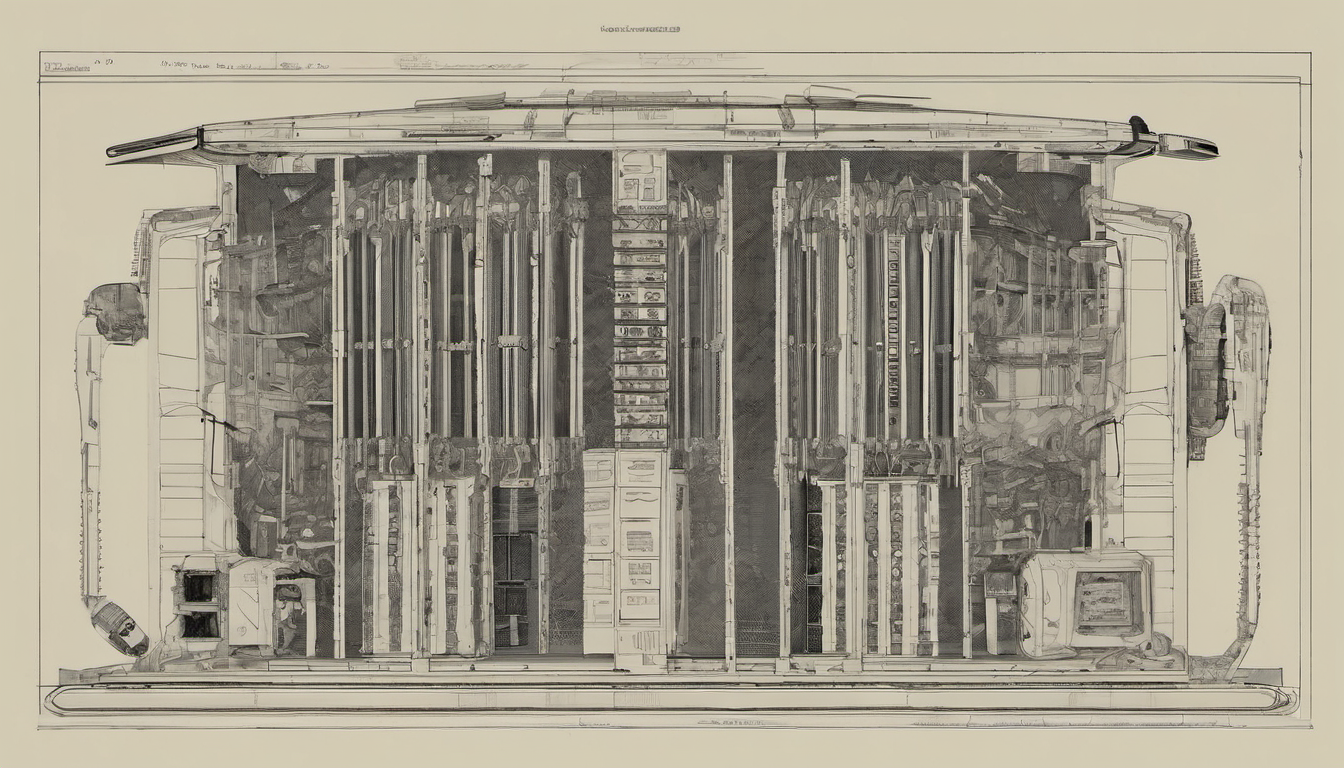 Architectural cross-section of a single server cabinet with three segmented tiers — compute core, mirrored storage, and a segmented network switch — one figure inspecting at the base