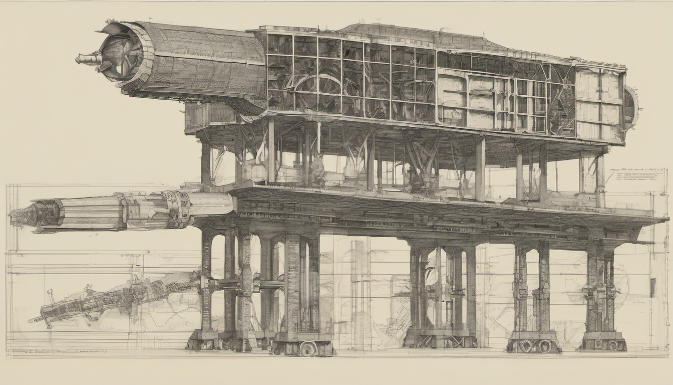 Architectural cross-section of a load-bearing column held up by three external supplier handholds, with a self-supported alternative frame under construction behind it