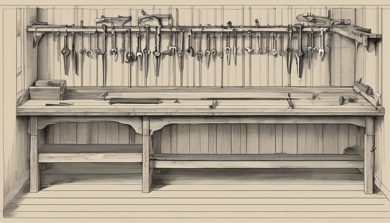 Architectural cross-section of a craftsman's supply shelf with standard holders, one irregular component on the bench that fits no standard slot, and a craftsman at a fitting jig building a bespoke mount around it